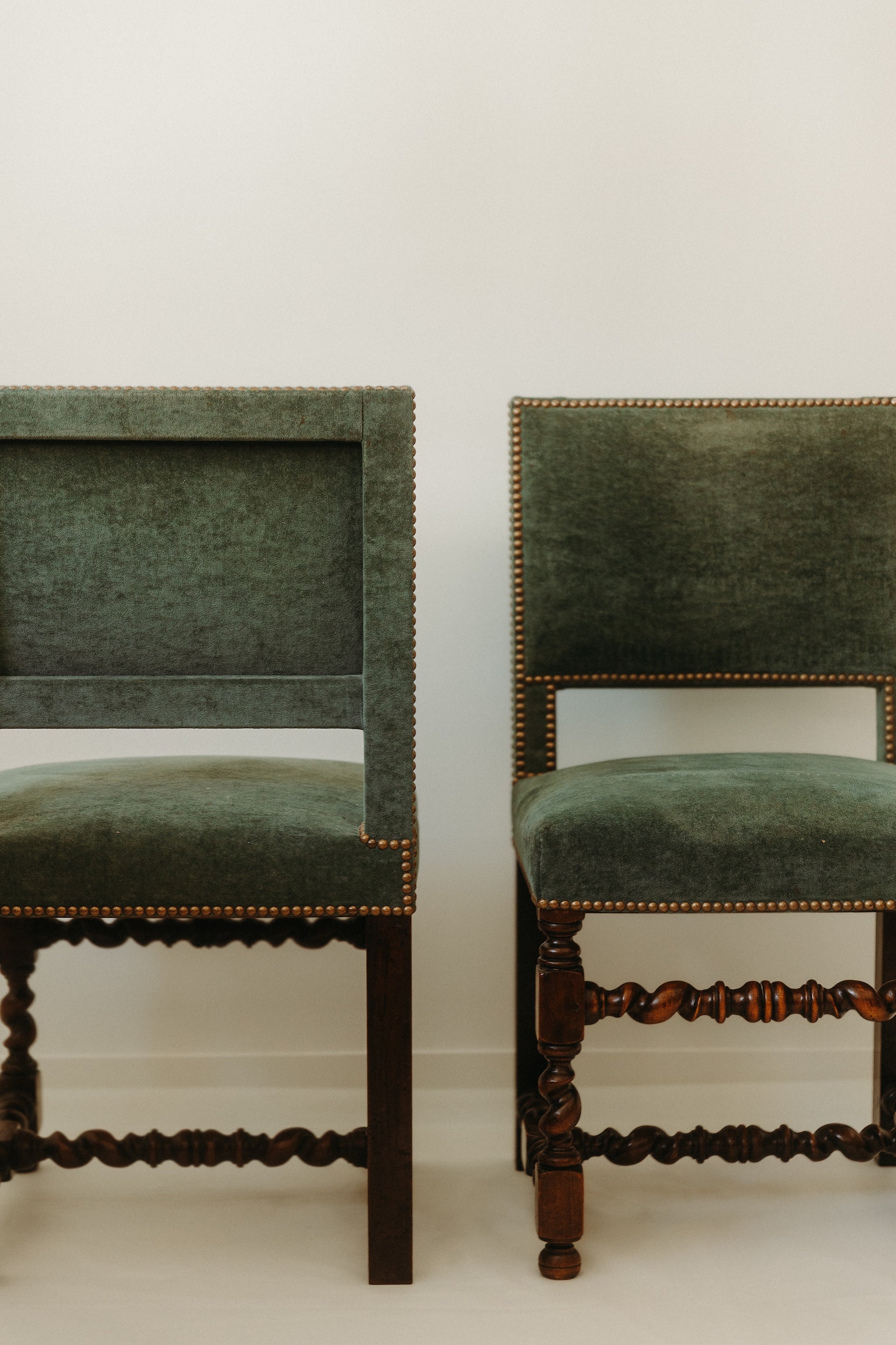 Pair of velvet and twisted walnut chairs, 20th century