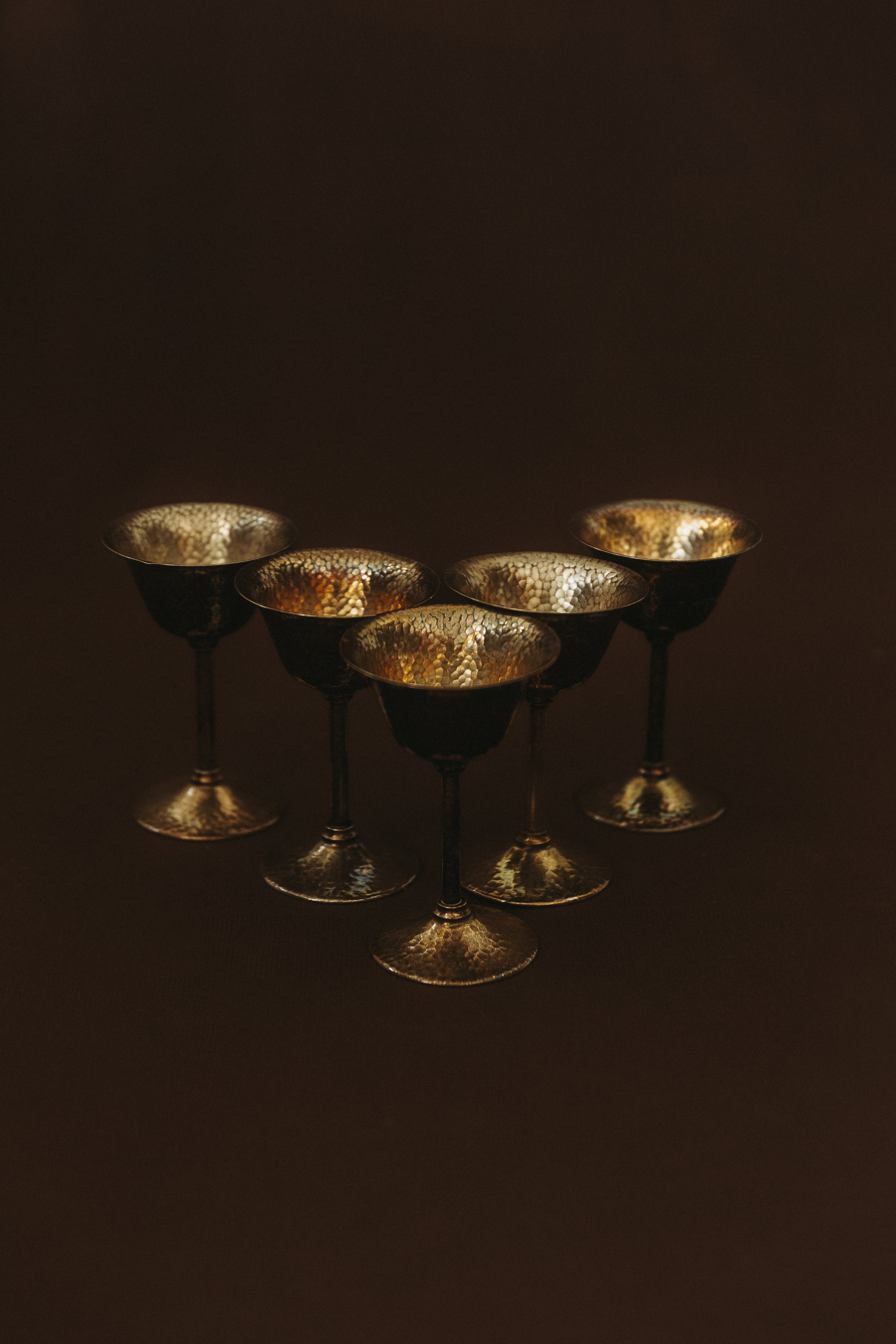 Set of six vintage hammered silver stemmed glasses