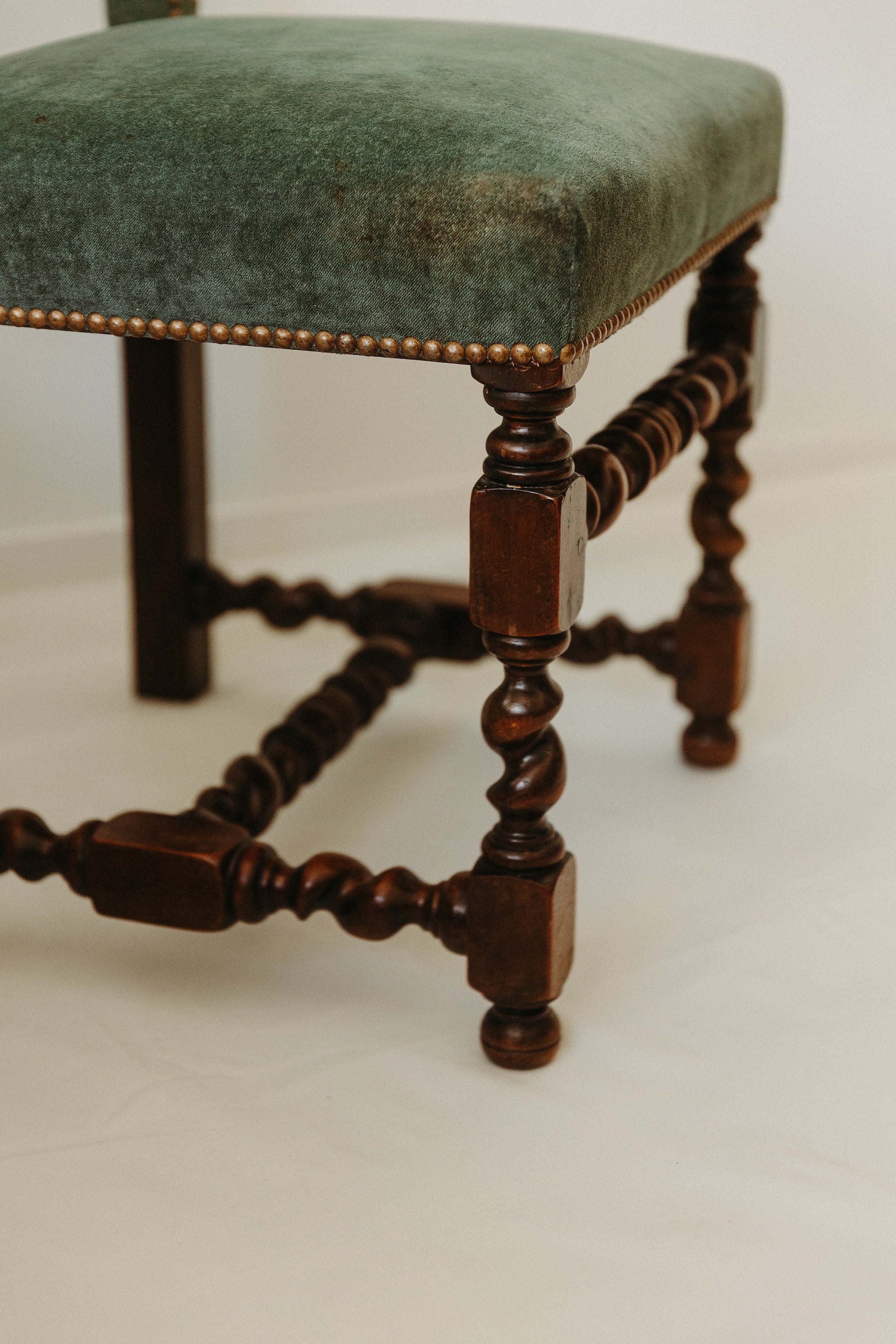 Pair of velvet and twisted walnut chairs, 20th century