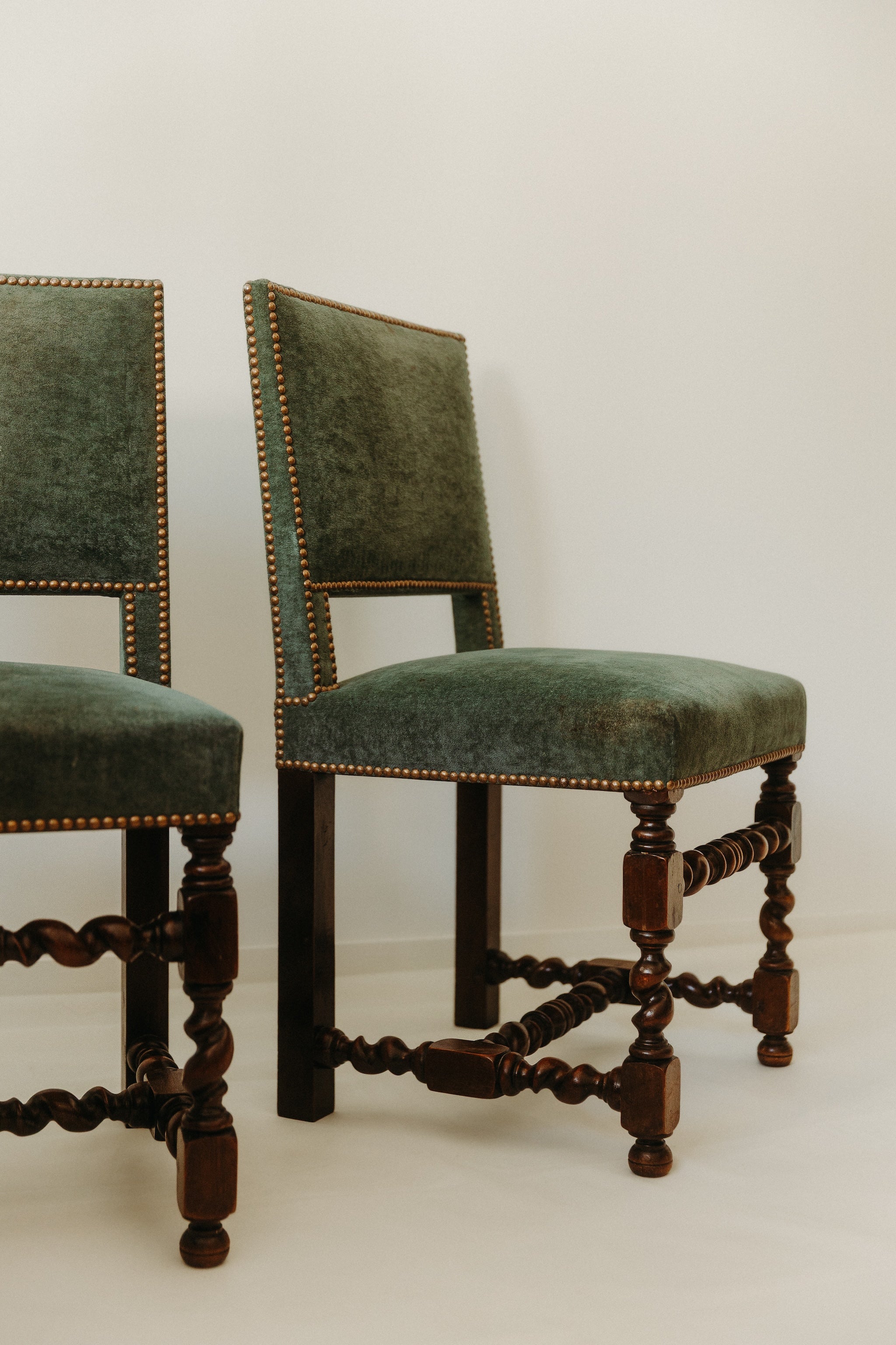 Pair of velvet and twisted walnut chairs, 20th century
