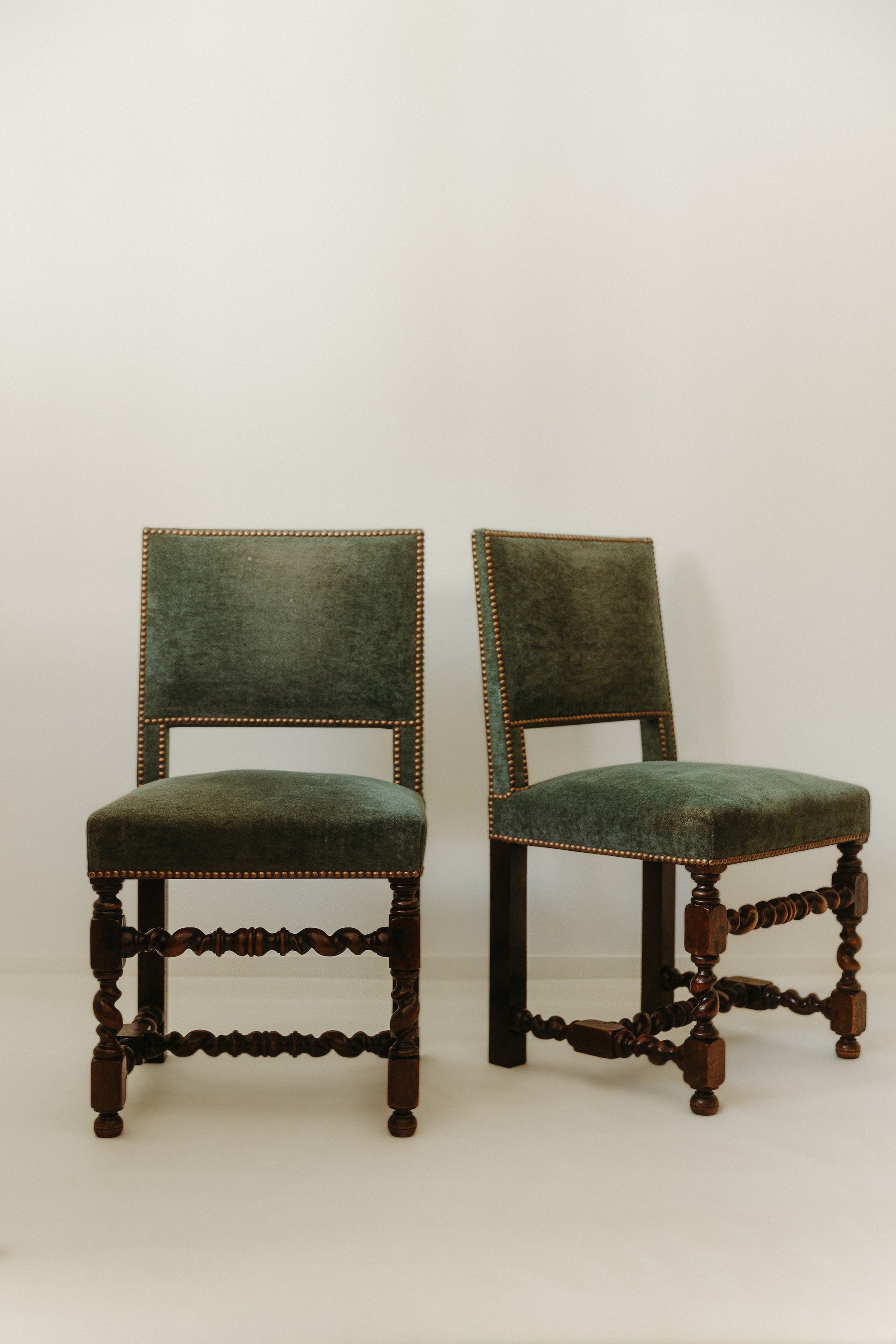 Pair of velvet and twisted walnut chairs, 20th century