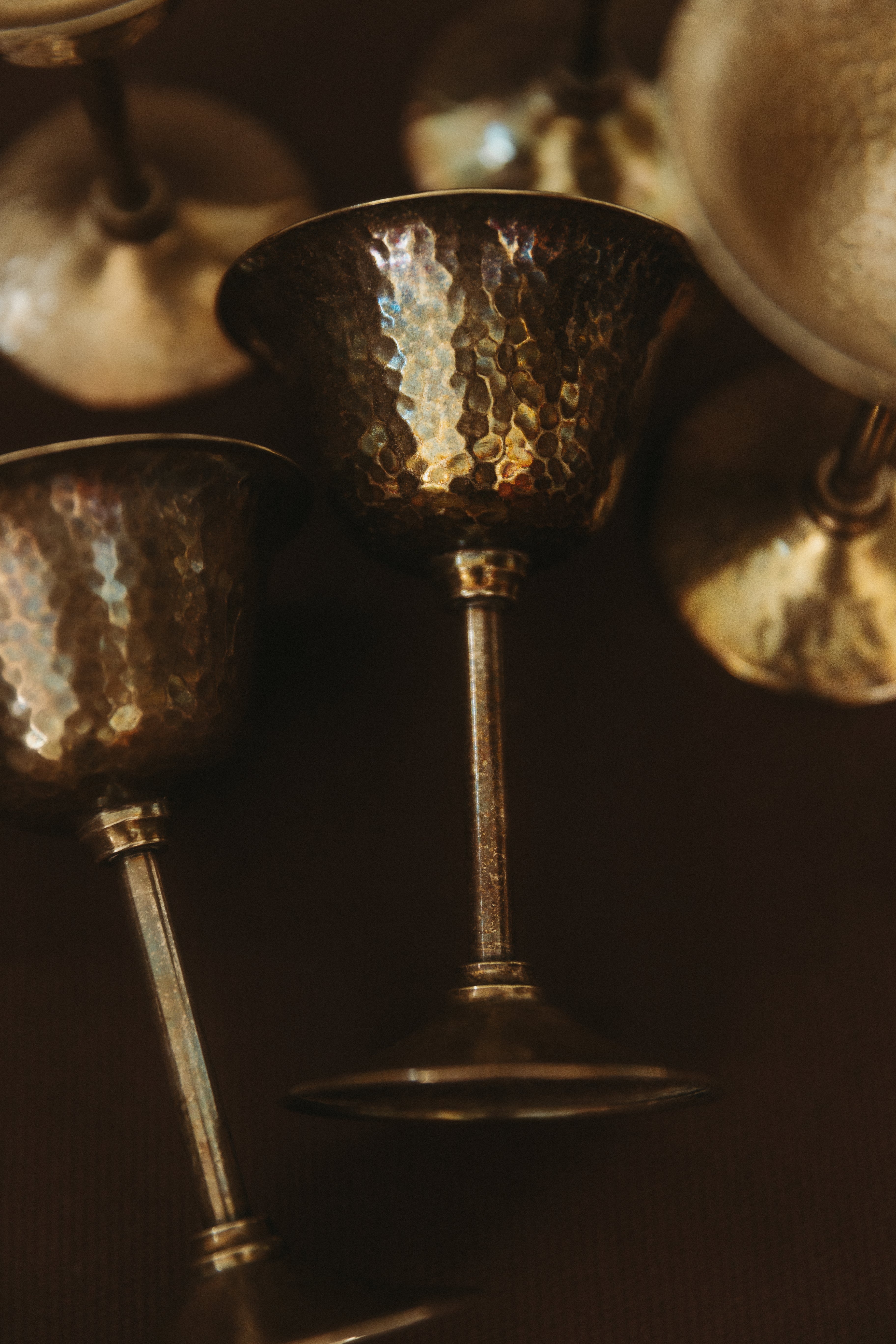 Set of six vintage hammered silver stemmed glasses