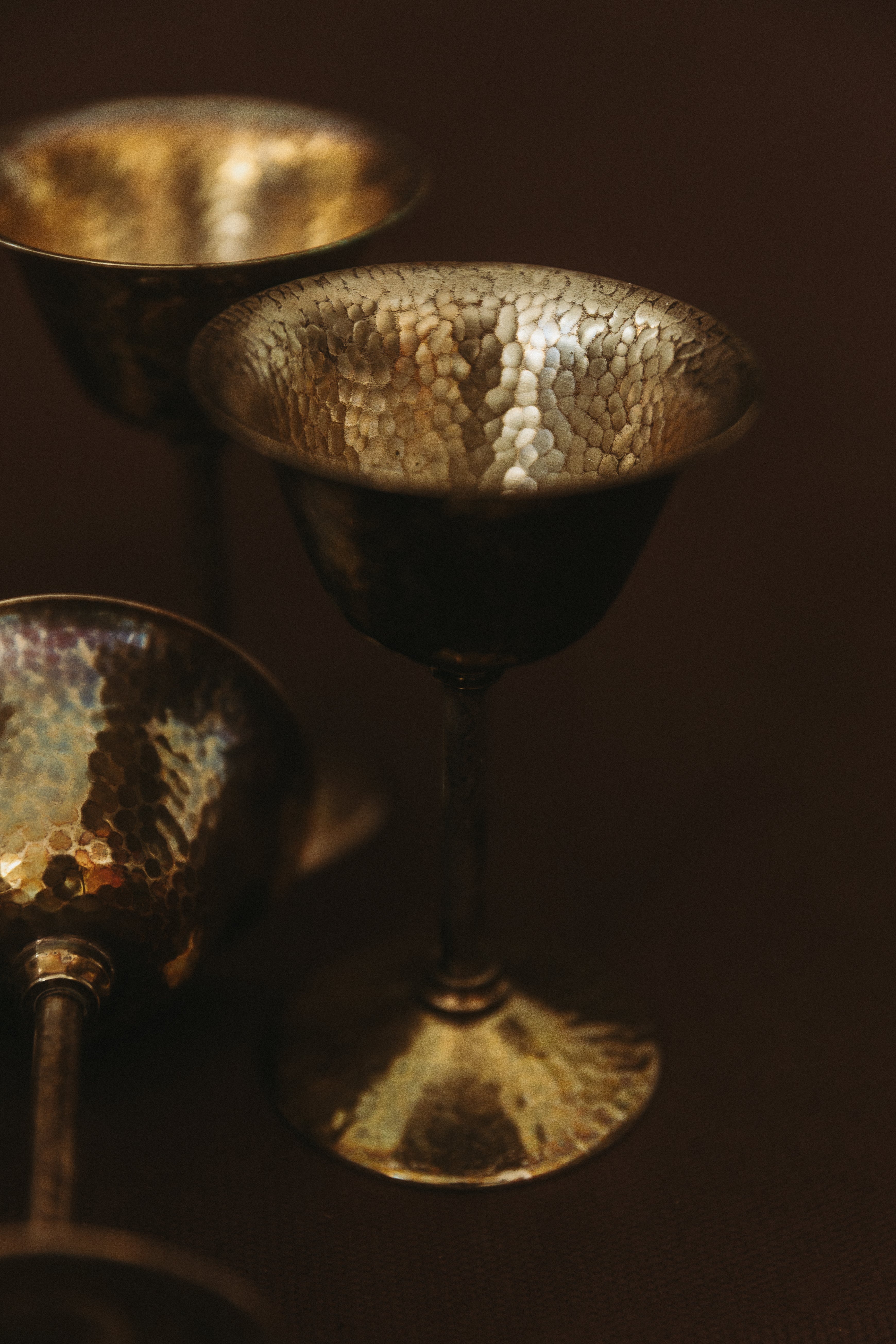 Set of six vintage hammered silver stemmed glasses